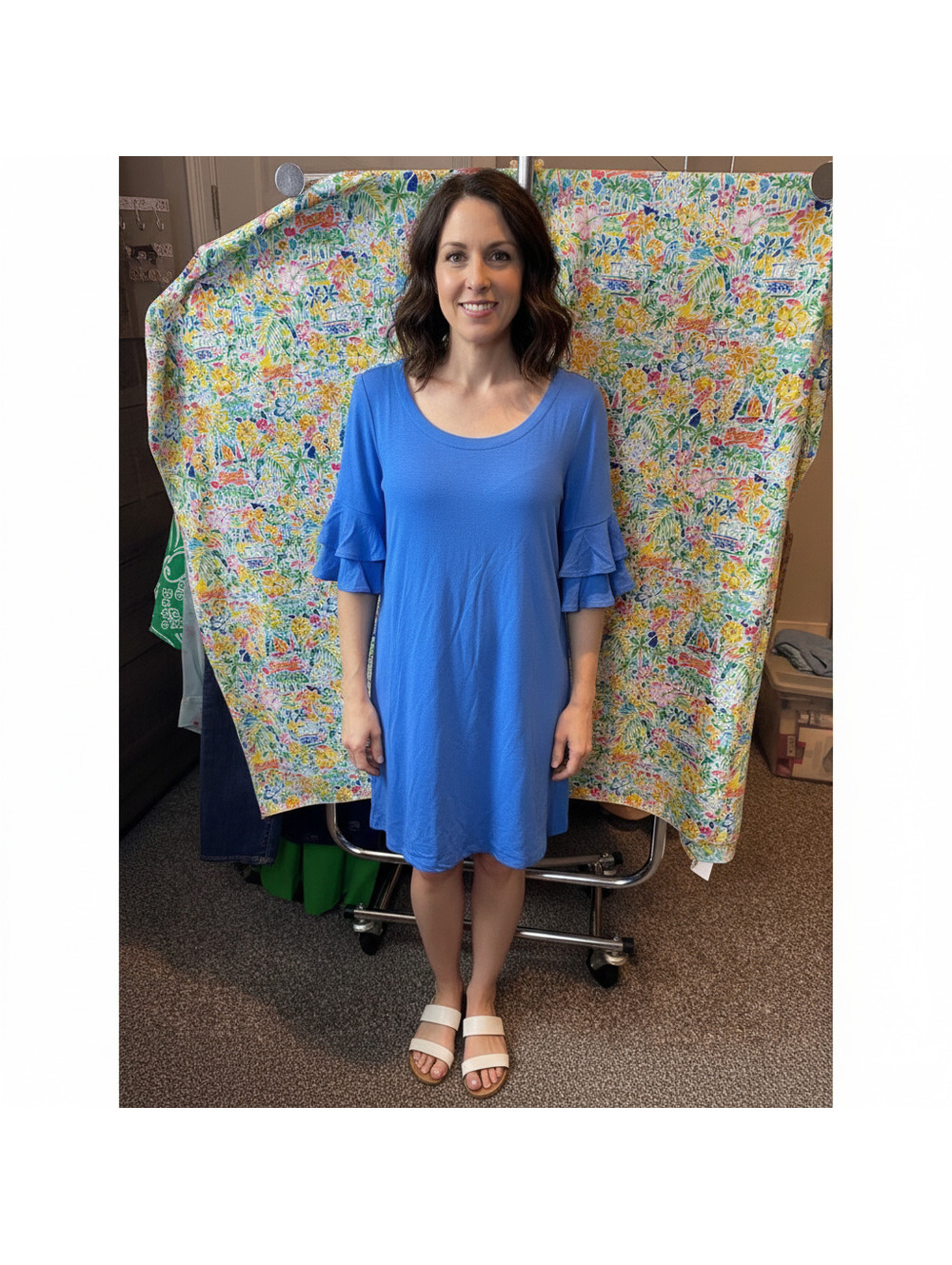 040 Lilly Pulitzer Lula Dress Coastal Blue Tiered Ruffle Sleeve Knit Shift M